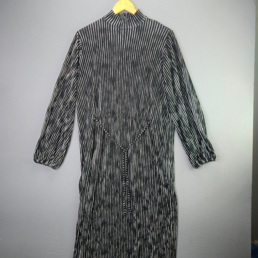 Zara Dress Womens Large Black White Stripe Plisse Pleated Mock Neck Midi L 2131